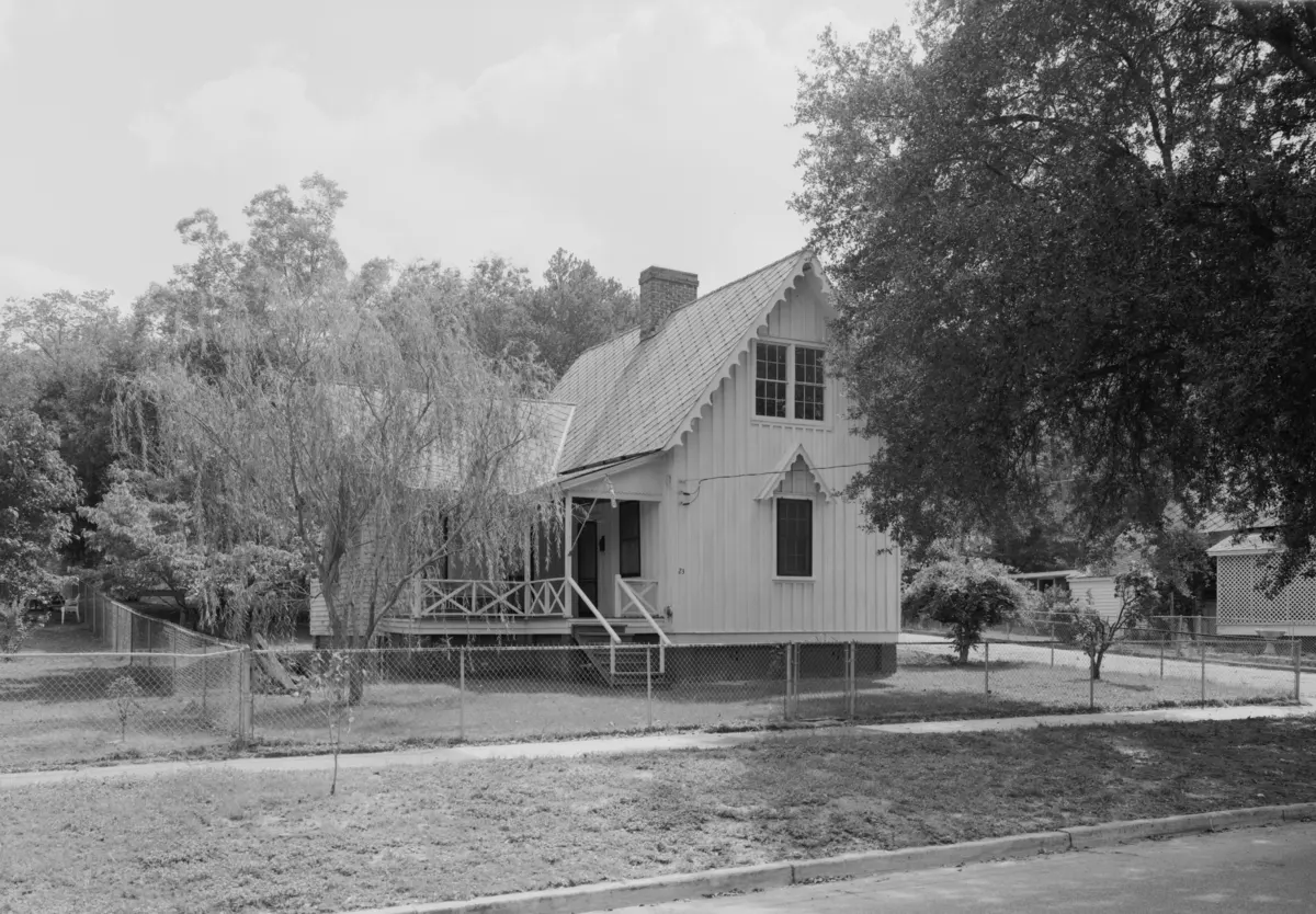 Black and white photo of a small Gothic Revival house in Graniteville, South Carolina, with vertical board and batten siding and a steep gable